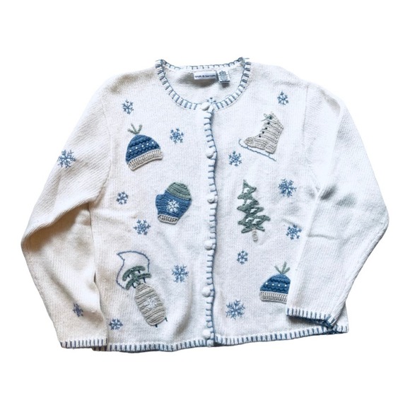 Croft & Barrow White Blue Cardigan Winter Theme Sweater Women's Size Large - Picture 2 of 6